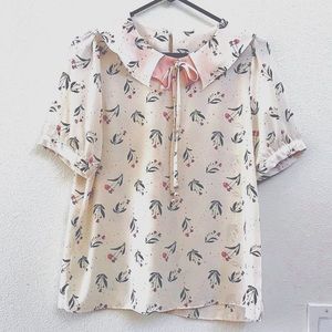 Pink and White Dandelion Collared Blouse w/ Pearls